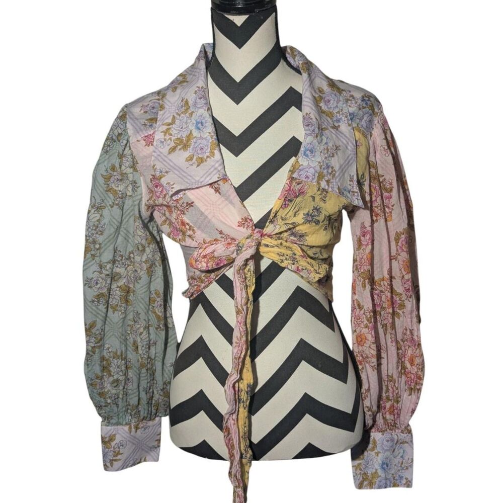 Free People M Patchwork Floral Print Tie Front Blouse